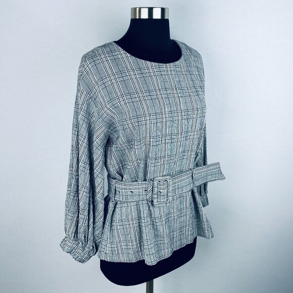 Zara TRF Collection Black & White Plaid Balloon Sleeve Belted Women's S Top - Picture 4 of 9